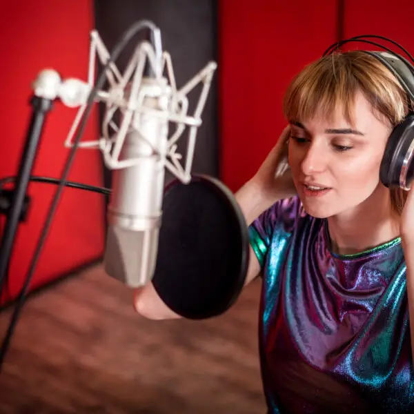 Pretty female singer recording voice in sound studio